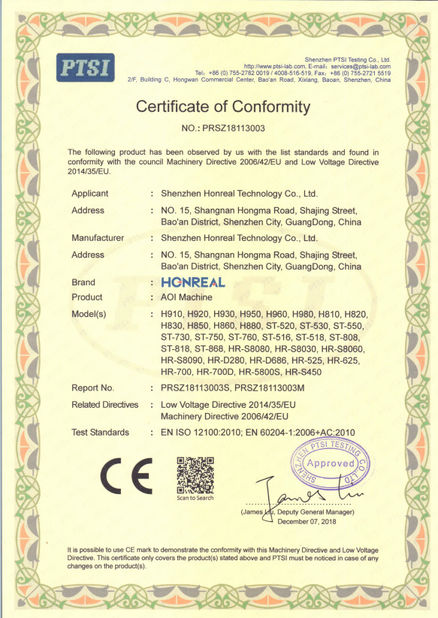 चीन Shenzhen Honreal Technology Co.,Ltd प्रमाणपत्र